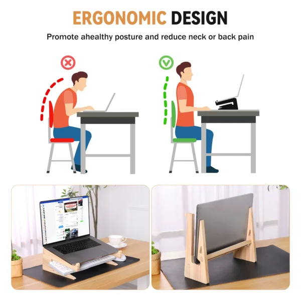 Wooden Laptop Stand, Vertical Holder, Universal Desk Riser, MacBook Compatible - Image 3