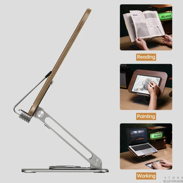 Wooden Laptop Stand 360° Rotating Foldable Book Holder With Clips - Image 6